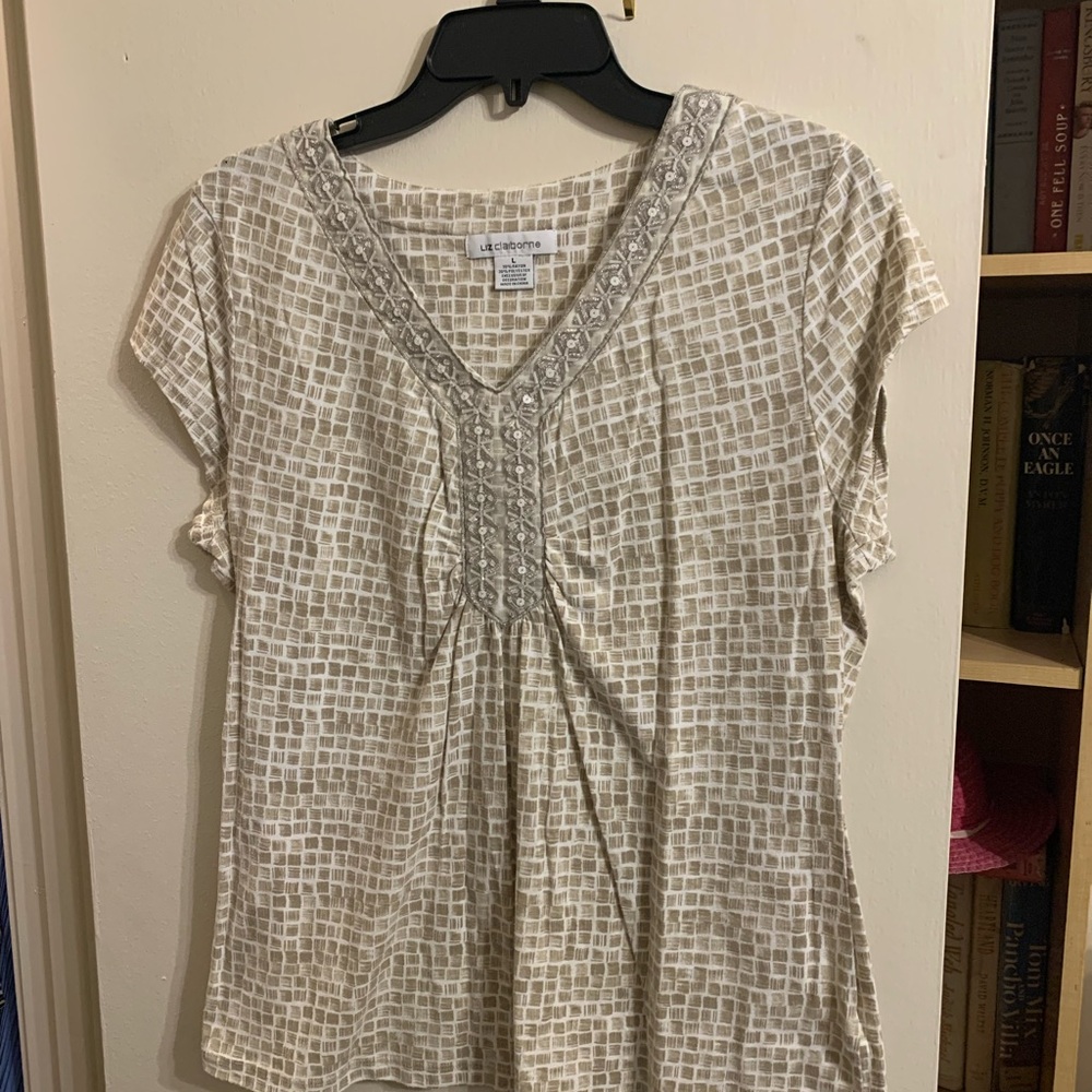 Liz Claiborne Cream and Gray Blouse